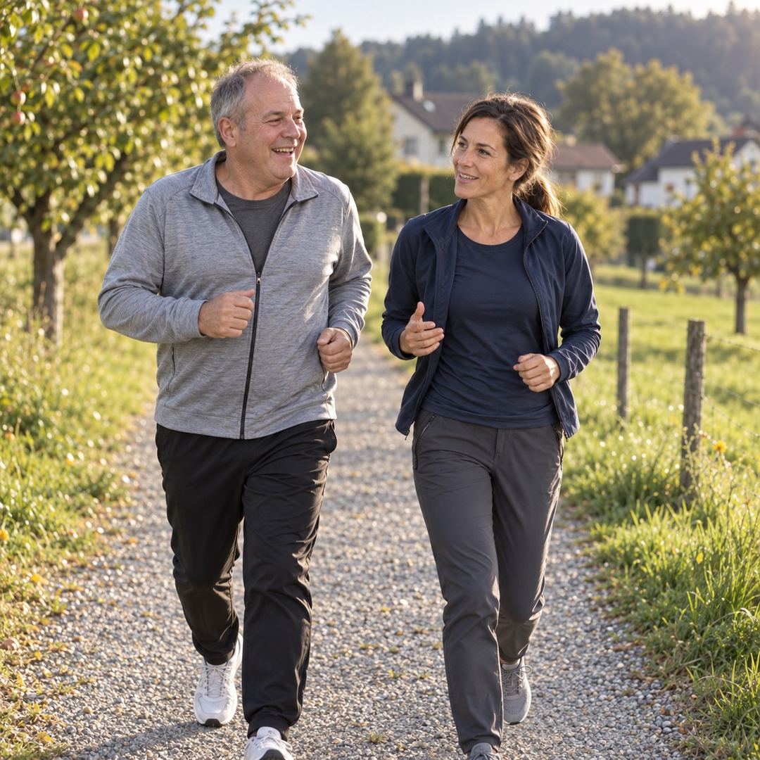 Ein Kunde joggt nach der Therapie zum ersten Mal wieder, Helena läuft neben ihm.