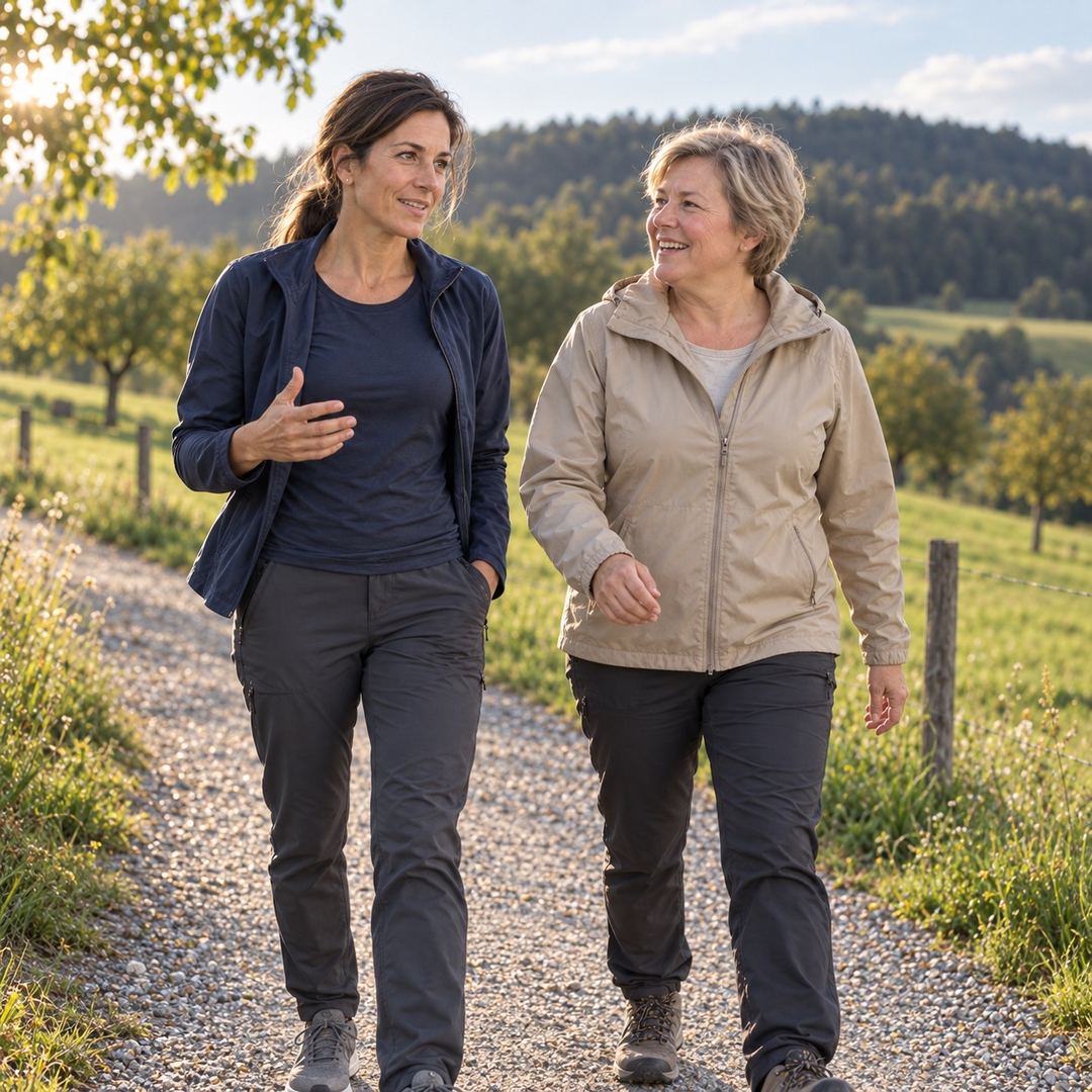 Helena Steiner und eine Kundin gehen zügig auf einem Feldweg und lachen.