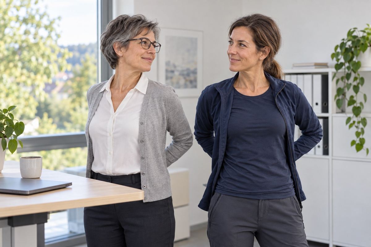 Helena zeigt einer Büroangestellten am Stehpult eine Übung für Rücken und Schultern.