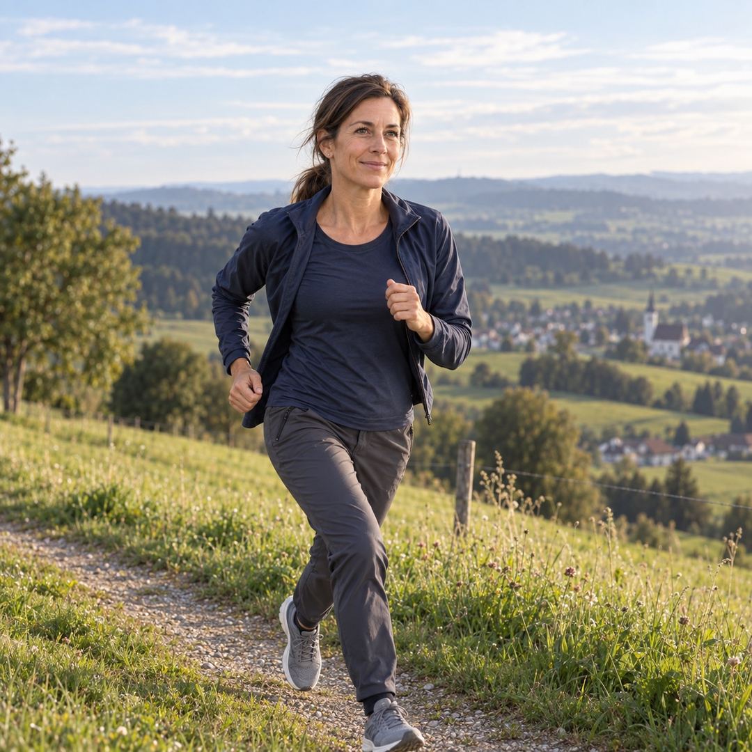 Helena Steiner läuft einen Wiesenweg über eine Hügelkuppe hinauf.