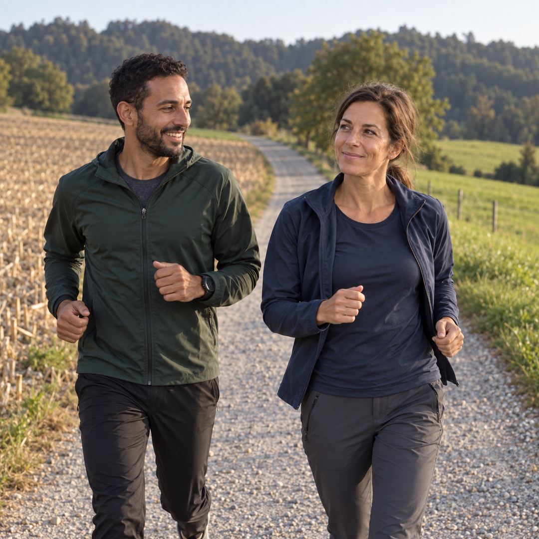 Helena Steiner läuft mit einem Läufer auf einem Kiesweg zwischen Feldern.