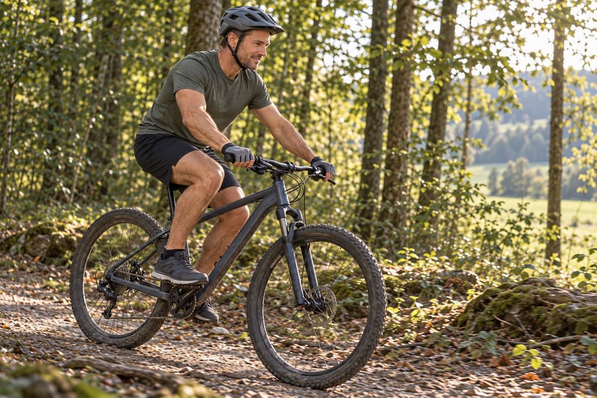 Marco fährt auf dem Mountainbike einen Waldweg hinunter.