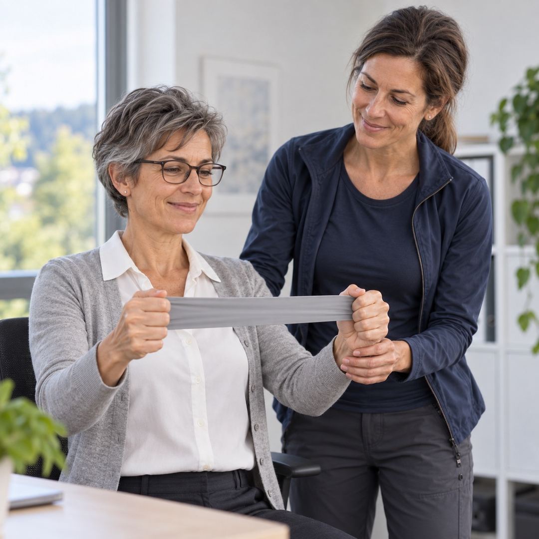 Helena korrigiert bei einer Büroangestellten die Haltung am Therapieband.